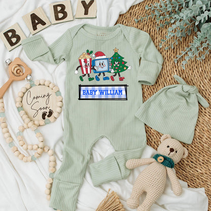 Personalized Retro Christmas Baby Bodysuit & Hat Set, Custom Name Holiday Romper, Infant Clothes with Cartoon TV, Popcorn, Tree—First Christmas Outfit (138 chars)