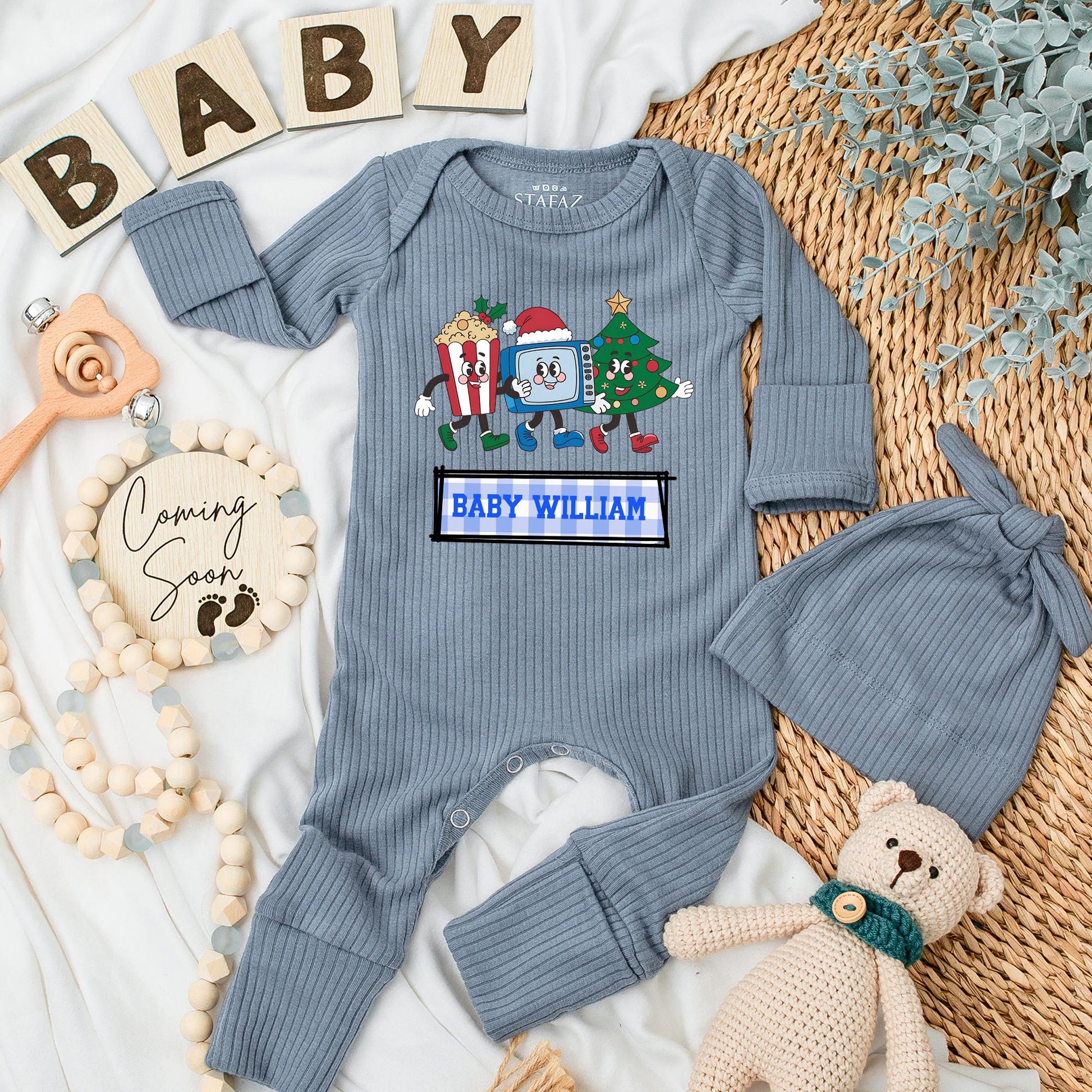 Personalized Retro Christmas Baby Bodysuit & Hat Set, Custom Name Holiday Romper, Infant Clothes with Cartoon TV, Popcorn, Tree—First Christmas Outfit (138 chars)