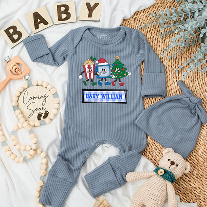Personalized Retro Christmas Baby Bodysuit & Hat Set, Custom Name Holiday Romper, Infant Clothes with Cartoon TV, Popcorn, Tree—First Christmas Outfit (138 chars)