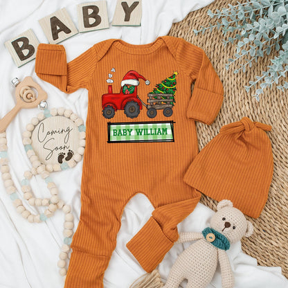 Personalized Baby William Christmas Tractor Bodysuit and Hat Set Newborn Holiday Outfit Red Santa Tractor Gift for Boys Girls
