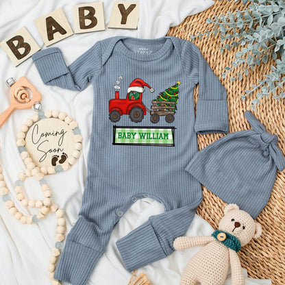 Personalized Baby William Christmas Tractor Bodysuit and Hat Set Newborn Holiday Outfit Red Santa Tractor Gift for Boys Girls