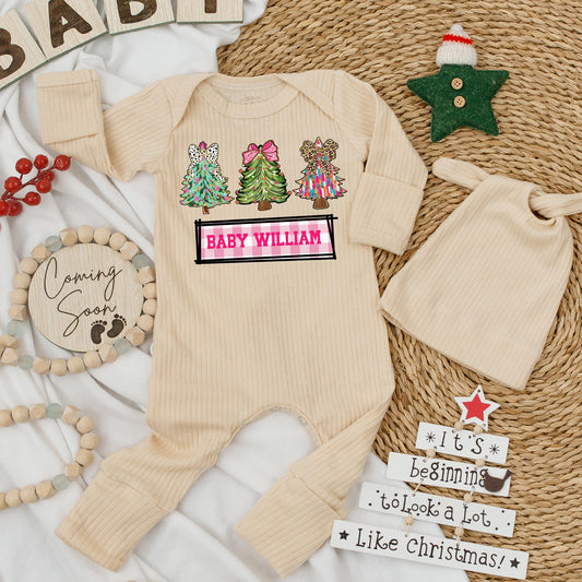 Personalized Baby Christmas Jumpsuit Outfit Pink Dalmation Leopard Tree Design Gingham Newborn Clothes Holiday Gift Infant Boy Girl Set