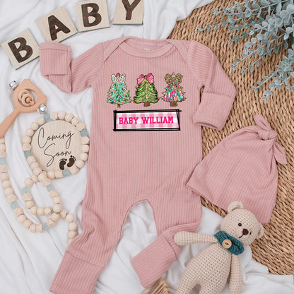 Personalized Baby Christmas Jumpsuit Outfit Pink Dalmation Leopard Tree Design Gingham Newborn Clothes Holiday Gift Infant Boy Girl Set