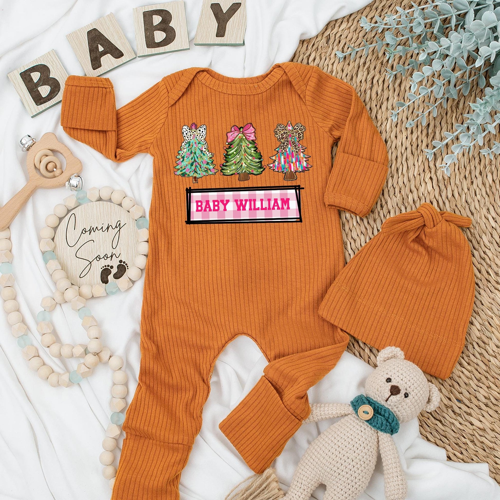 Personalized Baby Christmas Jumpsuit Outfit Pink Dalmation Leopard Tree Design Gingham Newborn Clothes Holiday Gift Infant Boy Girl Set