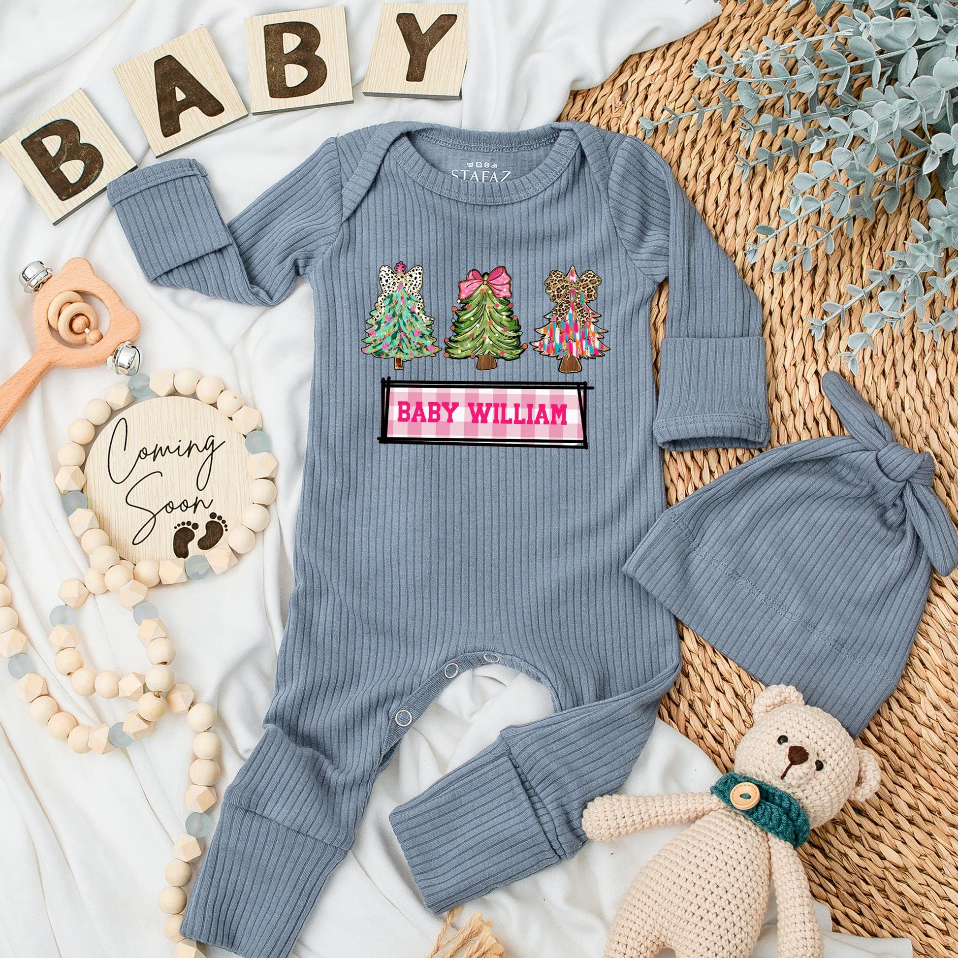 Personalized Baby Christmas Jumpsuit Outfit Pink Dalmation Leopard Tree Design Gingham Newborn Clothes Holiday Gift Infant Boy Girl Set
