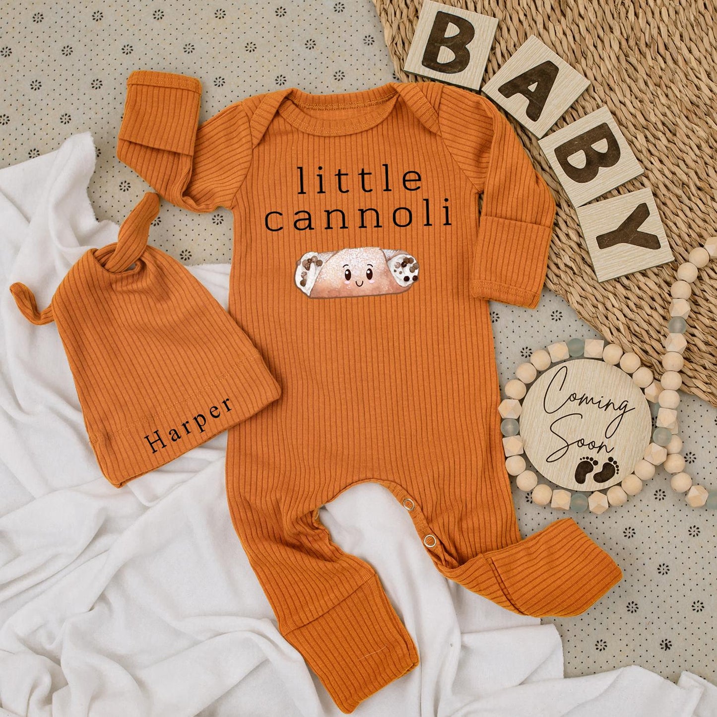 Little Cannoli Baby Bodysuit & Harper Hat Set Cute Italian Food Newborn Outfit Smiling Pastry Design Unique Infant Clothes Gift Long Sleeve Shower Present (139 chars)