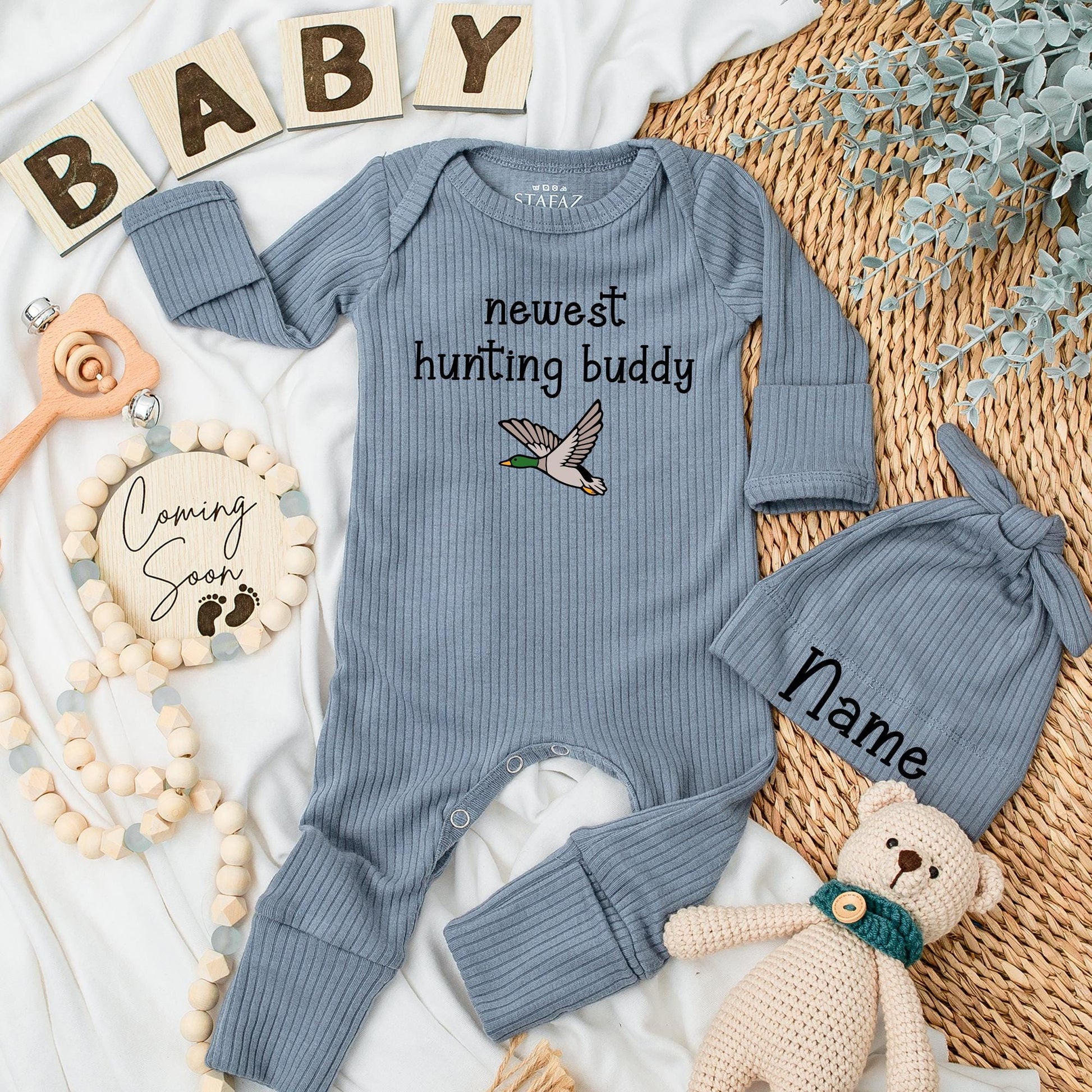 Newest Hunting Buddy Duck Baby Bodysuit & Hat Set, Little Hunter Newborn Outfit, Mallard Duck Clothes, Baby Shower Gift, Cute Duck Baby Outfit, Teal Hunting