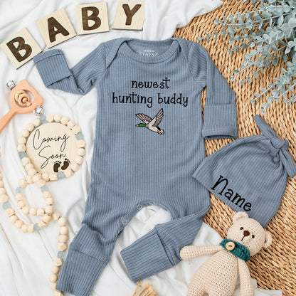 Newest Hunting Buddy Duck Baby Bodysuit & Hat Set, Little Hunter Newborn Outfit, Mallard Duck Clothes, Baby Shower Gift, Cute Duck Baby Outfit, Teal Hunting