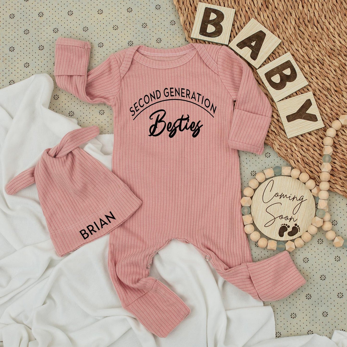 Second Generation Besties Baby Bodysuit and Hat Set Modern Black Font Newborn Going Home Outfit Baby Shower Gift