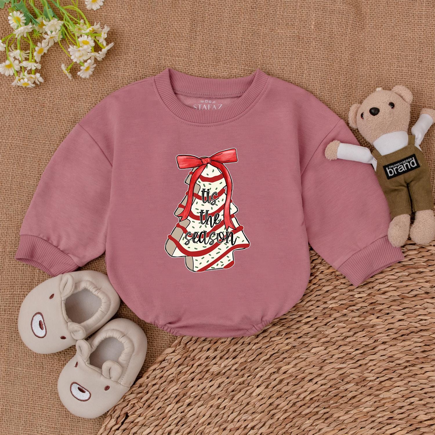 Christmas Tree Cake Bubble Romper Tis the season Holiday Baby Outfit Adorable Layered Cake Design Cozy Festive Apparel for Little Ones
