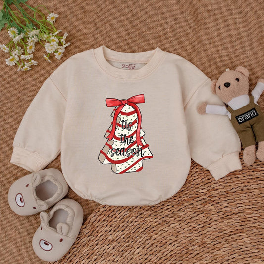 Christmas Tree Cake Bubble Romper Tis the season Holiday Baby Outfit Adorable Layered Cake Design Cozy Festive Apparel for Little Ones