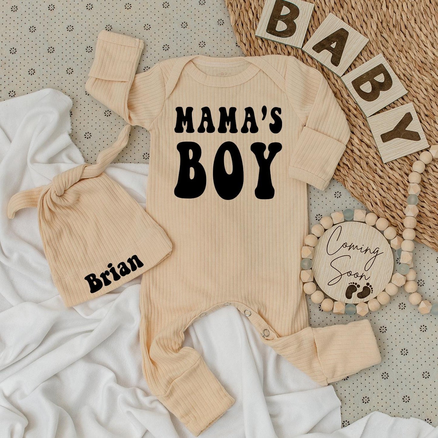 Mama's Boy Bodysuit & Brian Hat Set, Retro Baby Outfit, Cute Newborn Clothes, Going Home Gift, Modern Vintage Style, Trendy Baby Shower Present (139)