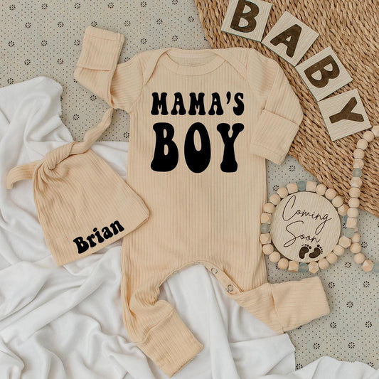 Mama's Boy Bodysuit & Brian Hat Set, Retro Baby Outfit, Cute Newborn Clothes, Going Home Gift, Modern Vintage Style, Trendy Baby Shower Present (139)