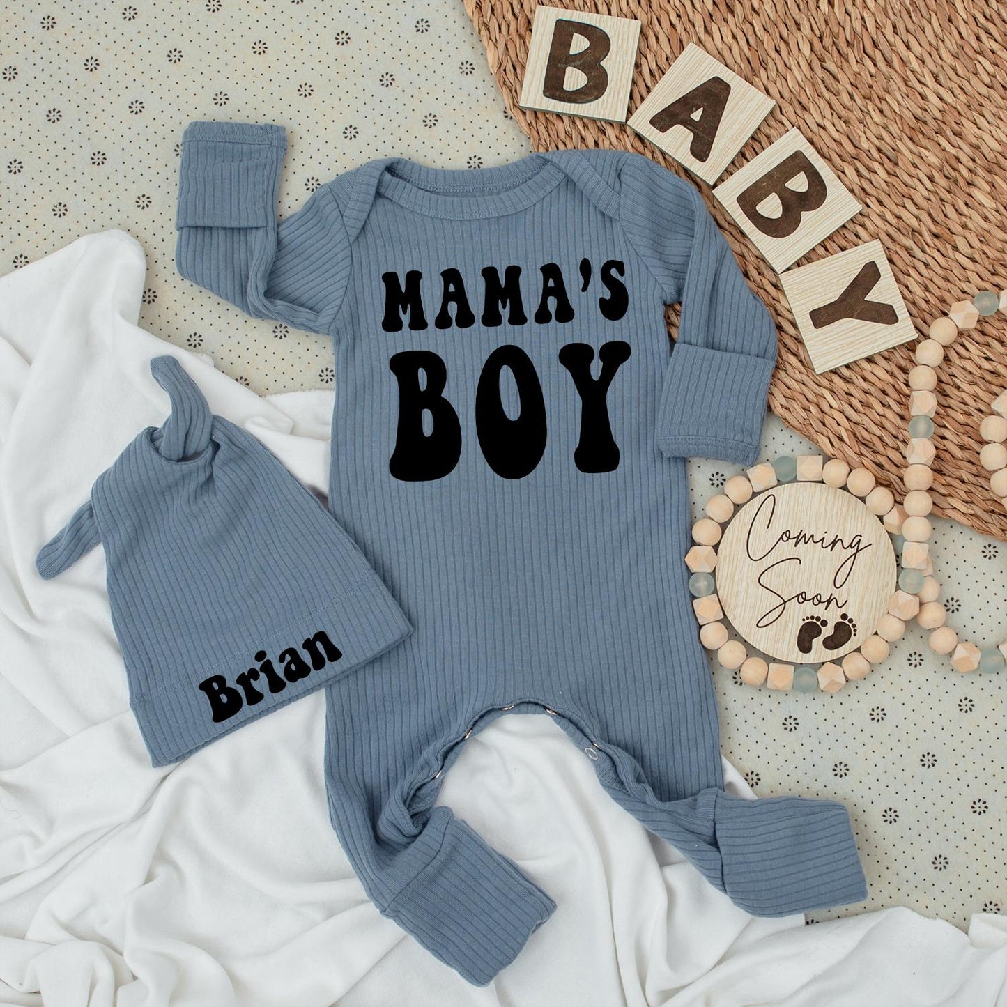 Mama's Boy Bodysuit & Brian Hat Set, Retro Baby Outfit, Cute Newborn Clothes, Going Home Gift, Modern Vintage Style, Trendy Baby Shower Present (139)