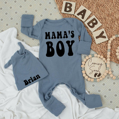 Mama's Boy Bodysuit & Brian Hat Set, Retro Baby Outfit, Cute Newborn Clothes, Going Home Gift, Modern Vintage Style, Trendy Baby Shower Present (139)