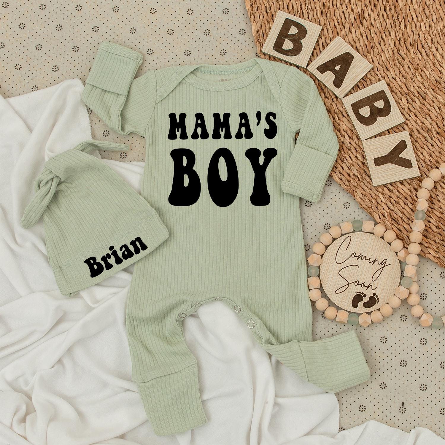 Mama's Boy Bodysuit & Brian Hat Set, Retro Baby Outfit, Cute Newborn Clothes, Going Home Gift, Modern Vintage Style, Trendy Baby Shower Present (139)