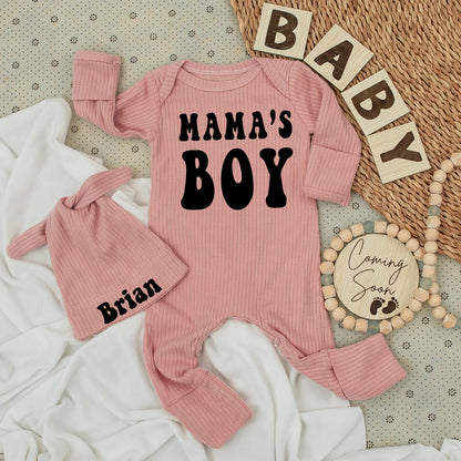 Mama's Boy Bodysuit & Brian Hat Set, Retro Baby Outfit, Cute Newborn Clothes, Going Home Gift, Modern Vintage Style, Trendy Baby Shower Present (139)