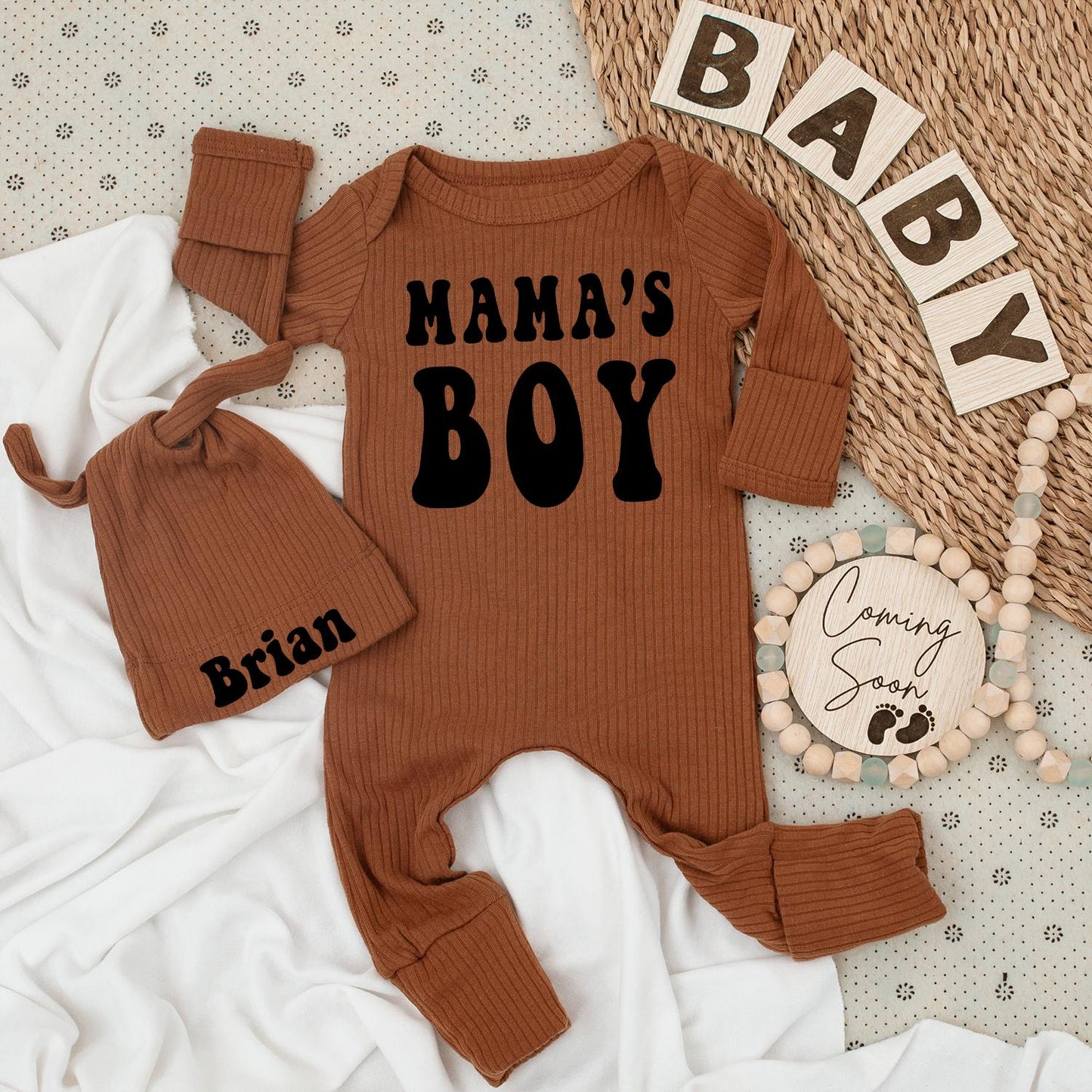 Mama's Boy Bodysuit & Brian Hat Set, Retro Baby Outfit, Cute Newborn Clothes, Going Home Gift, Modern Vintage Style, Trendy Baby Shower Present (139)