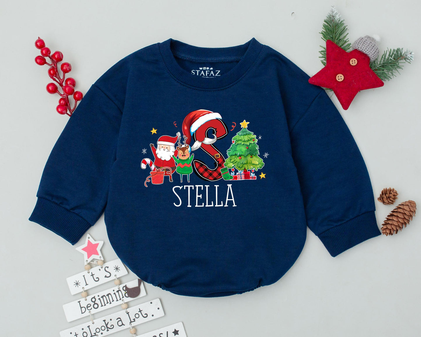 Baby's 1st Christmas Romper - Custom Name Vintage Santa Outfit