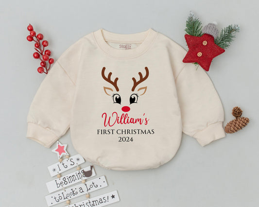 Personalized Christmas Romper with Reindeer – Baby’s First Xmas Outfit