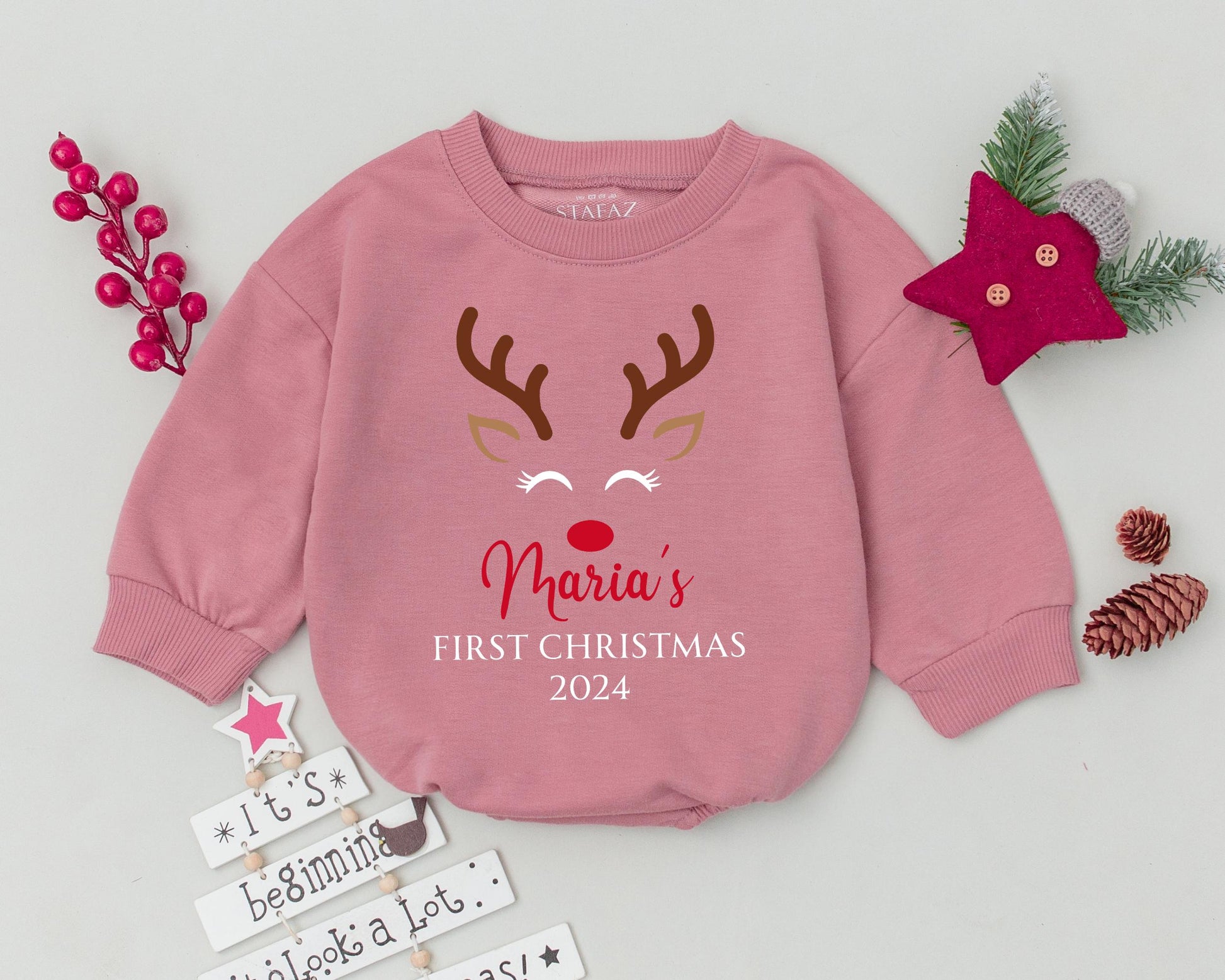Personalized Christmas Romper with Reindeer – Baby’s First Xmas Outfit