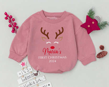 Personalized Christmas Romper with Reindeer – Baby’s First Xmas Outfit
