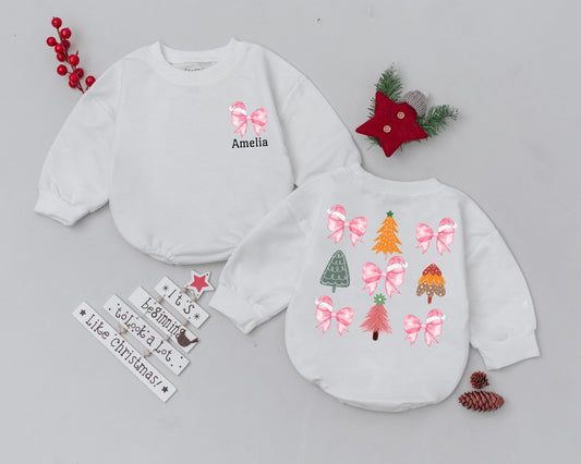 Amelia's First Christmas Romper: Pink Bows & Santa Hats! Custom Name Xmas Outfit, Festive Girly Bubble Romper, Baby Shower Gift, Infant Clothes
