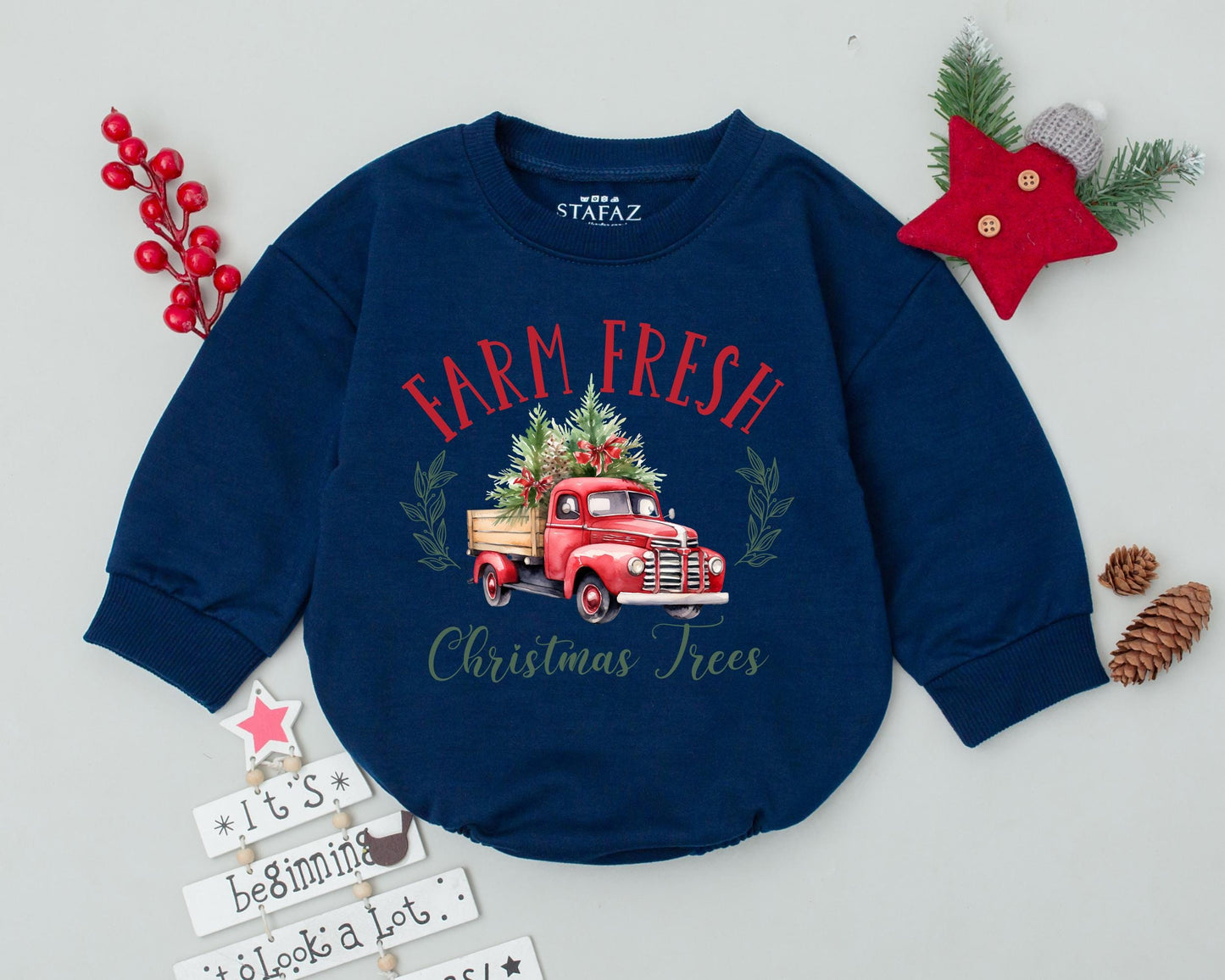 Vintage Xmas Truck Bubble Romper, First Christmas Outfit for Baby