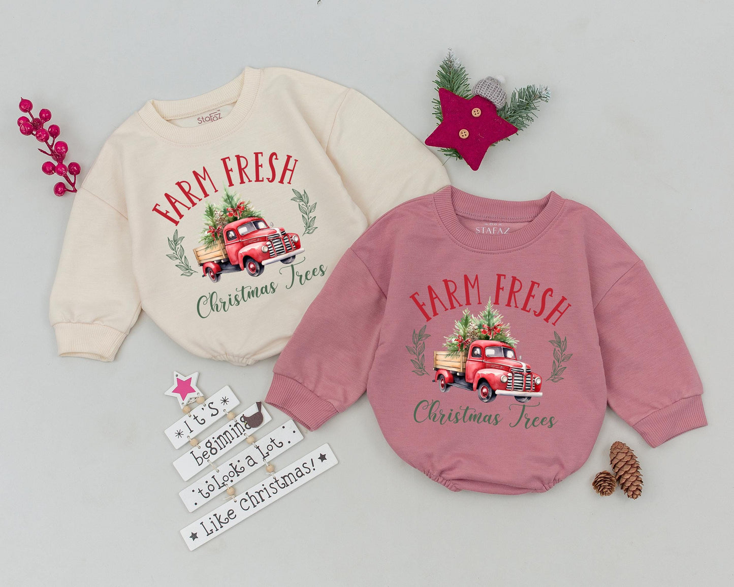 Vintage Xmas Truck Bubble Romper, First Christmas Outfit for Baby