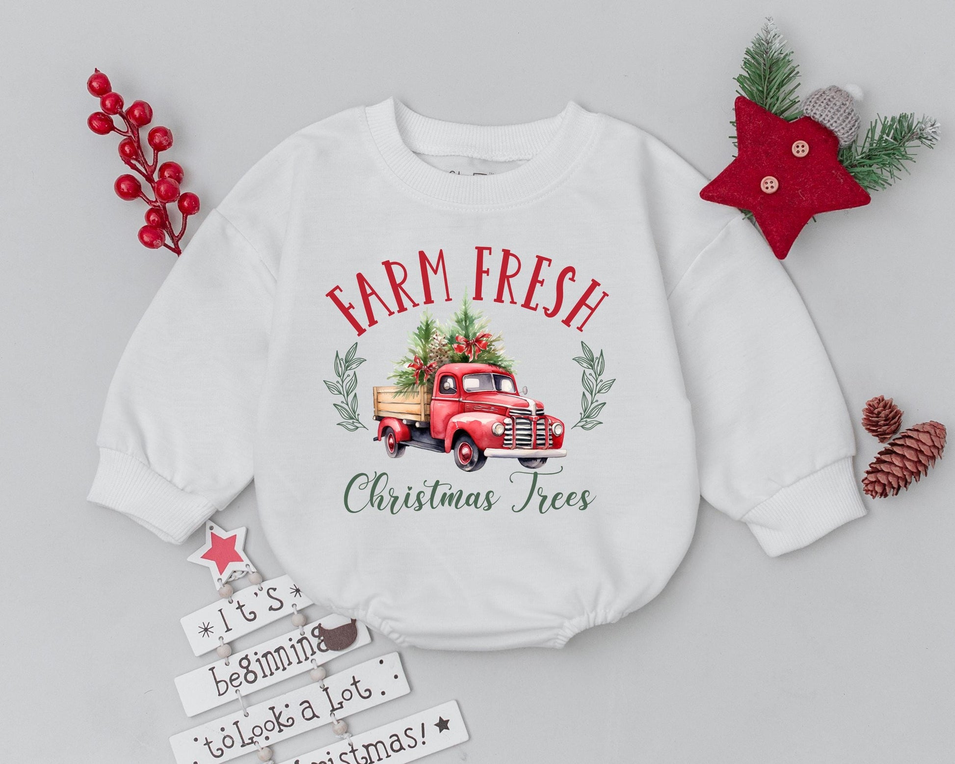 Vintage Xmas Truck Bubble Romper, First Christmas Outfit for Baby