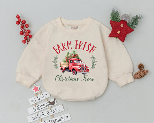 Vintage Xmas Truck Bubble Romper, First Christmas Outfit for Baby