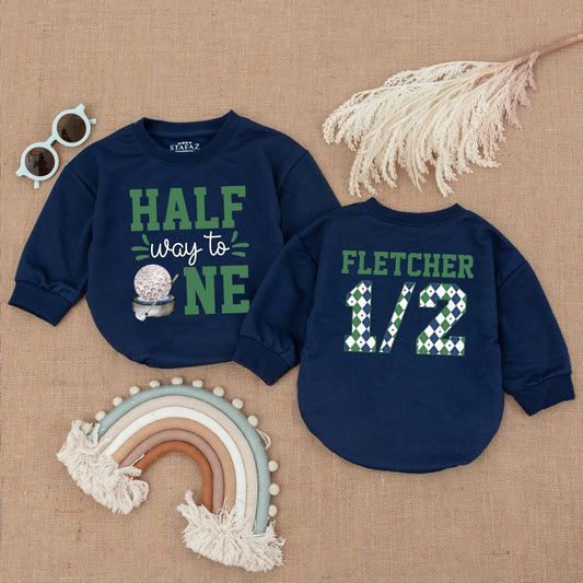 Fletcher's Golf Half Way To One Bubble Romper Baby Golf Gameday Outfit for Half Birthday Celebration