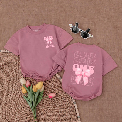 Custom 1st Birthday Girl Romper with Pink Bow & Baby Name