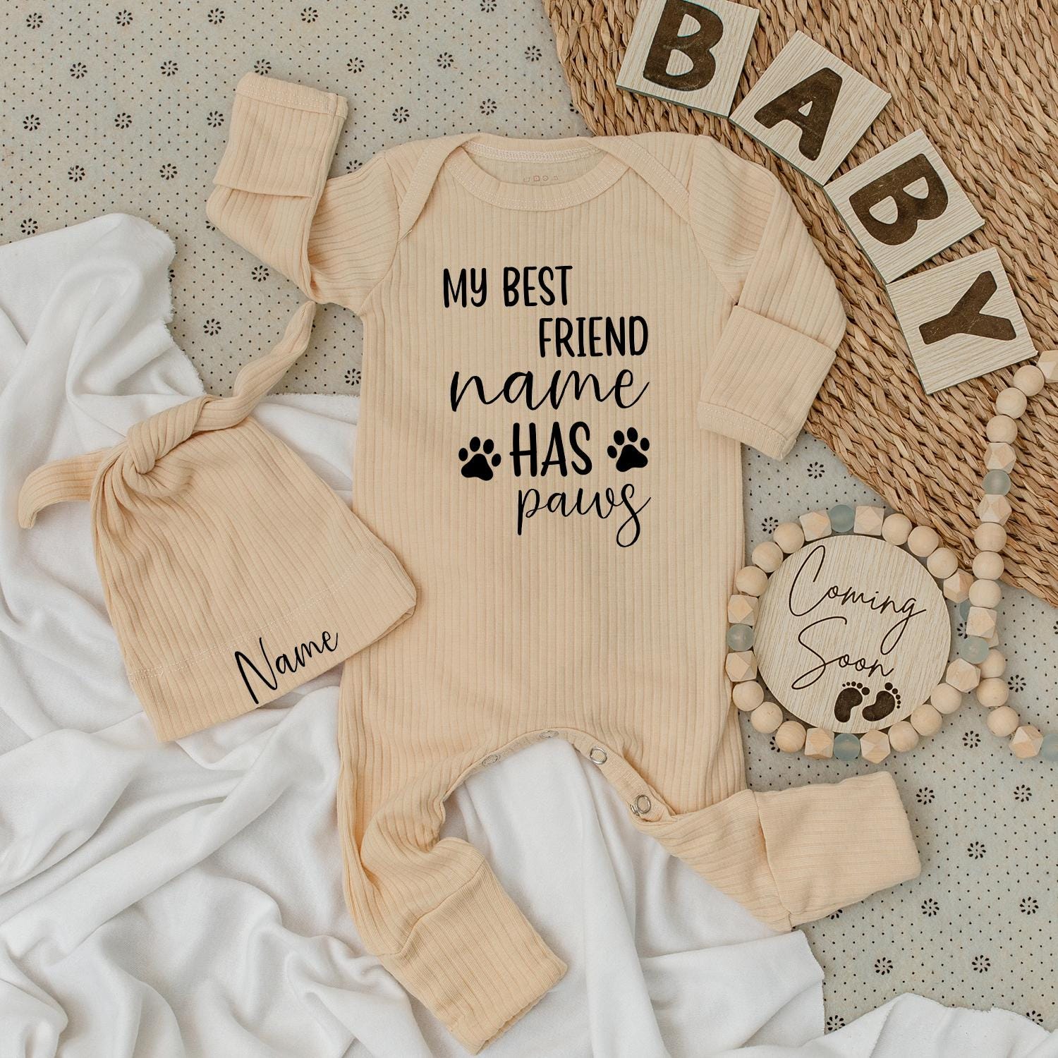 Personalized My Best Friend Has Paws Baby Bodysuit and Hat Set with Name Infant Romper Outfit Newborn Shower Gift Playful Paw Print Design