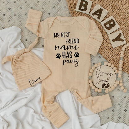 Personalized My Best Friend Has Paws Baby Bodysuit and Hat Set with Name Infant Romper Outfit Newborn Shower Gift Playful Paw Print Design