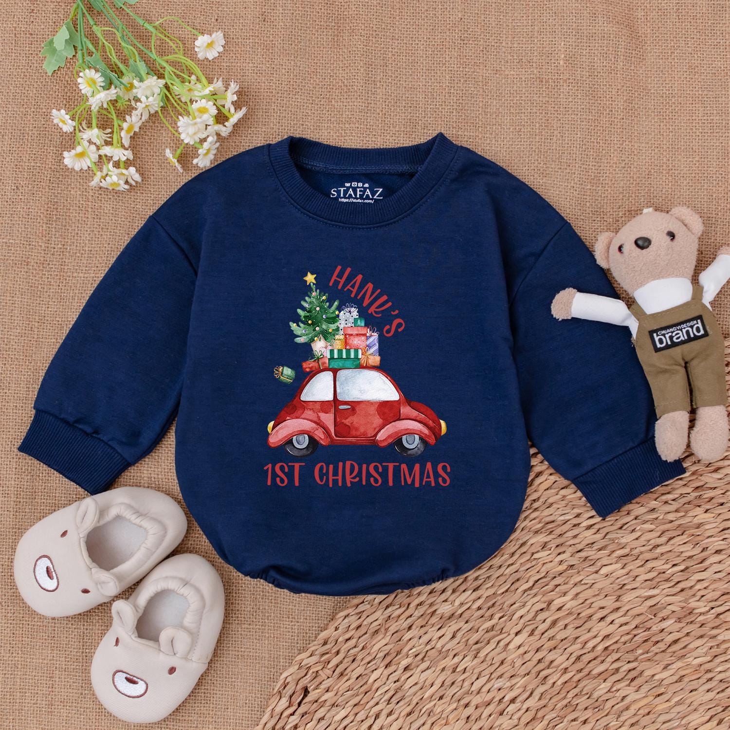 First Christmas Baby Romper – Personalized Tractor Holiday Outfit