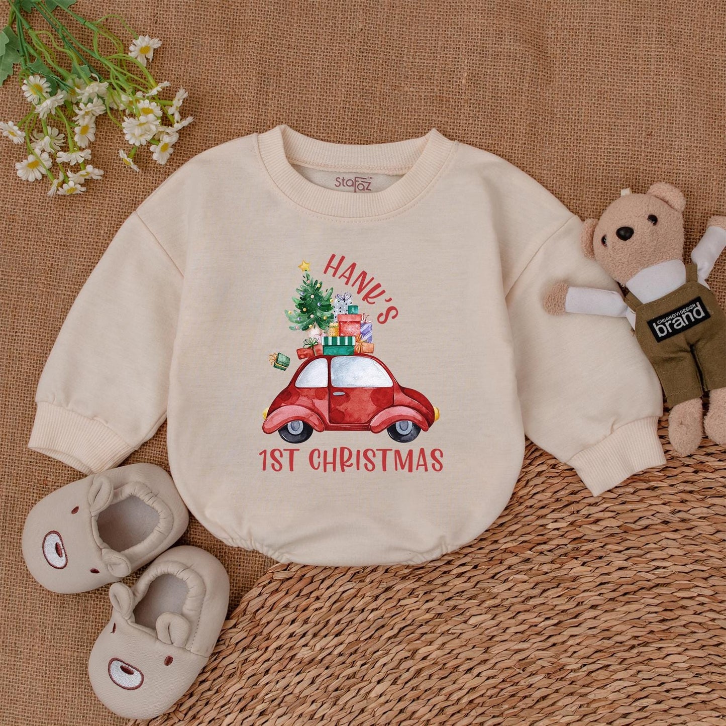 First Christmas Baby Romper – Personalized Tractor Holiday Outfit