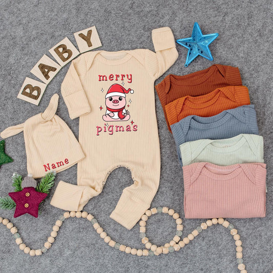 Custom Merry Pigmas Baby Bodysuit & Hat Cute Cartoon Pig Santa Outfit Newborn Jumpsuit Baby Shower First Christmas Gift