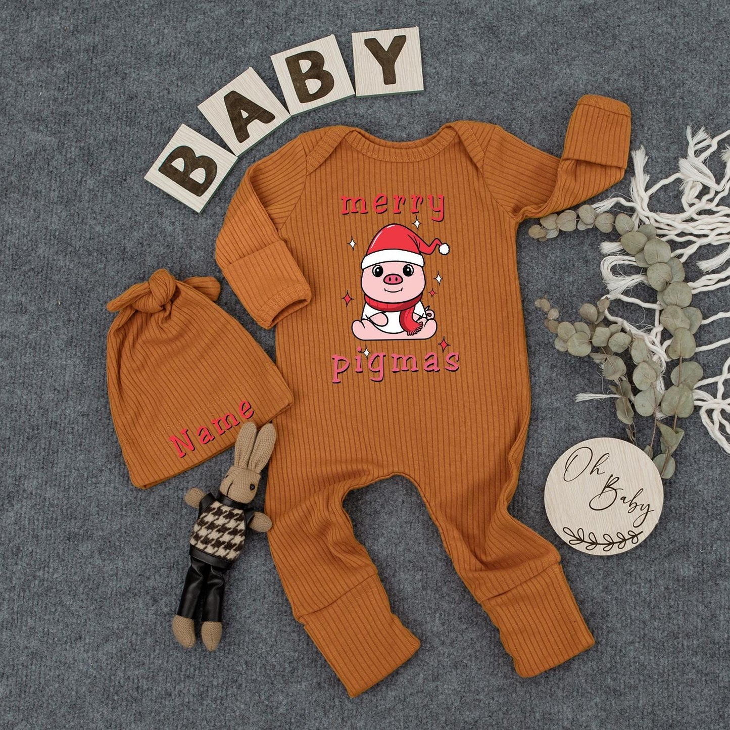 Custom Merry Pigmas Baby Bodysuit & Hat Cute Cartoon Pig Santa Outfit Newborn Jumpsuit Baby Shower First Christmas Gift