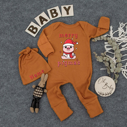 Custom Merry Pigmas Baby Bodysuit & Hat Cute Cartoon Pig Santa Outfit Newborn Jumpsuit Baby Shower First Christmas Gift