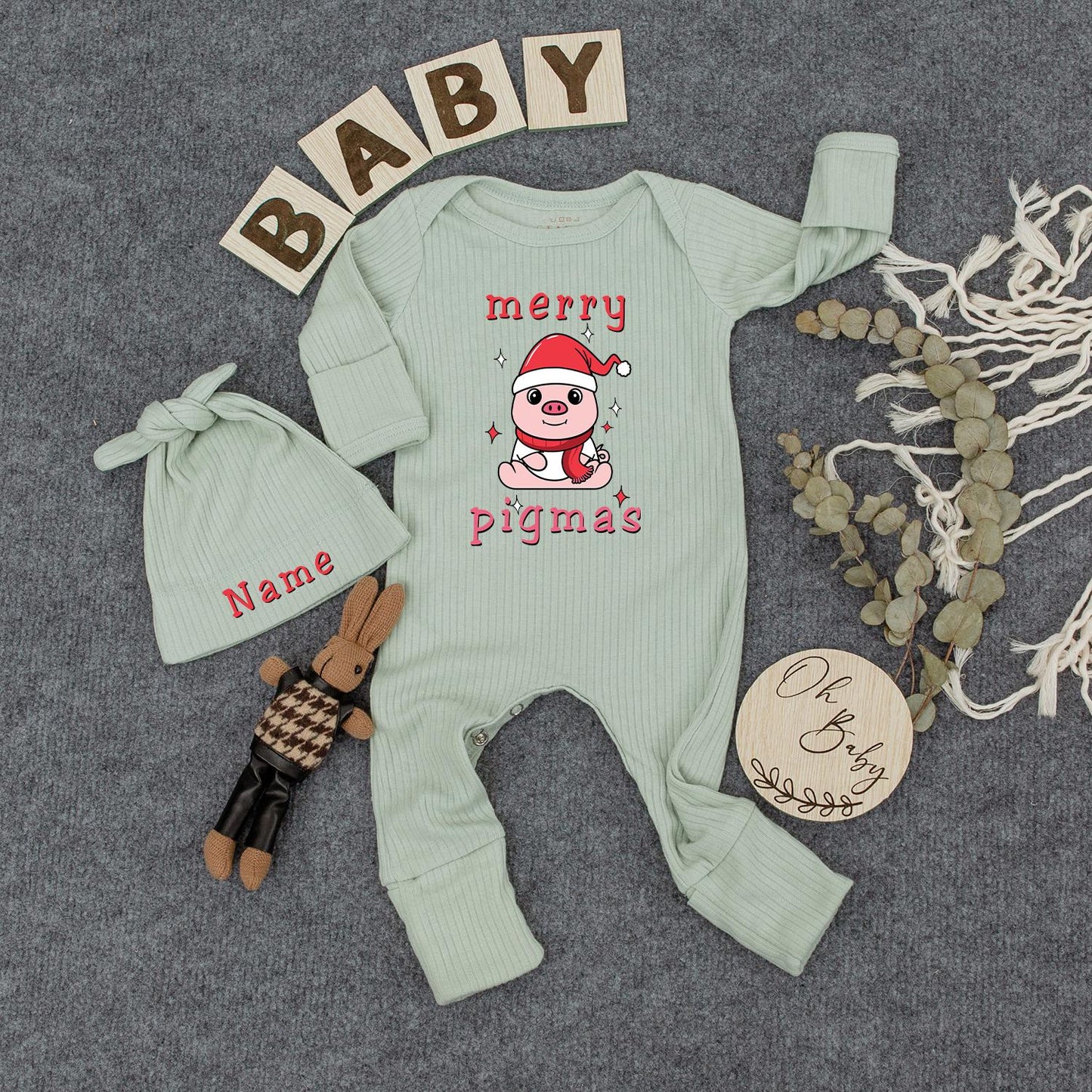 Custom Merry Pigmas Baby Bodysuit & Hat Cute Cartoon Pig Santa Outfit Newborn Jumpsuit Baby Shower First Christmas Gift