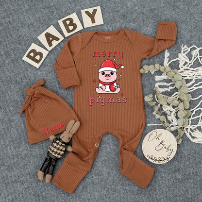 Custom Merry Pigmas Baby Bodysuit & Hat Cute Cartoon Pig Santa Outfit Newborn Jumpsuit Baby Shower First Christmas Gift