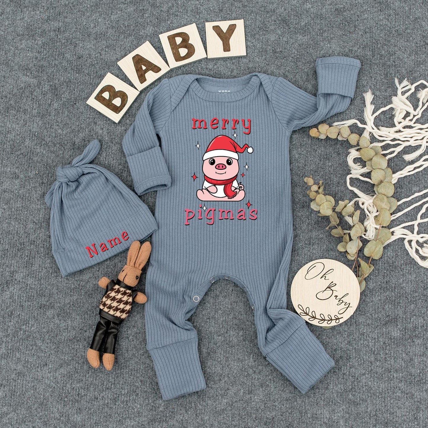 Custom Merry Pigmas Baby Bodysuit & Hat Cute Cartoon Pig Santa Outfit Newborn Jumpsuit Baby Shower First Christmas Gift