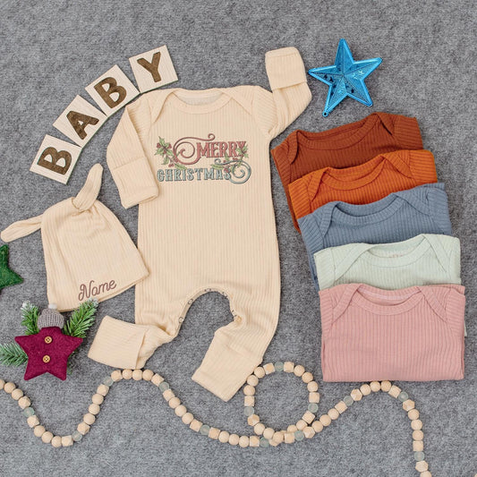 Vintage Merry Christmas Baby Bodysuit & Hat Set, Newborn Outfit, Holiday Jumpsuit, Red and Green Festive Romper, Baby Shower Gift, First Xmas Clothes 139