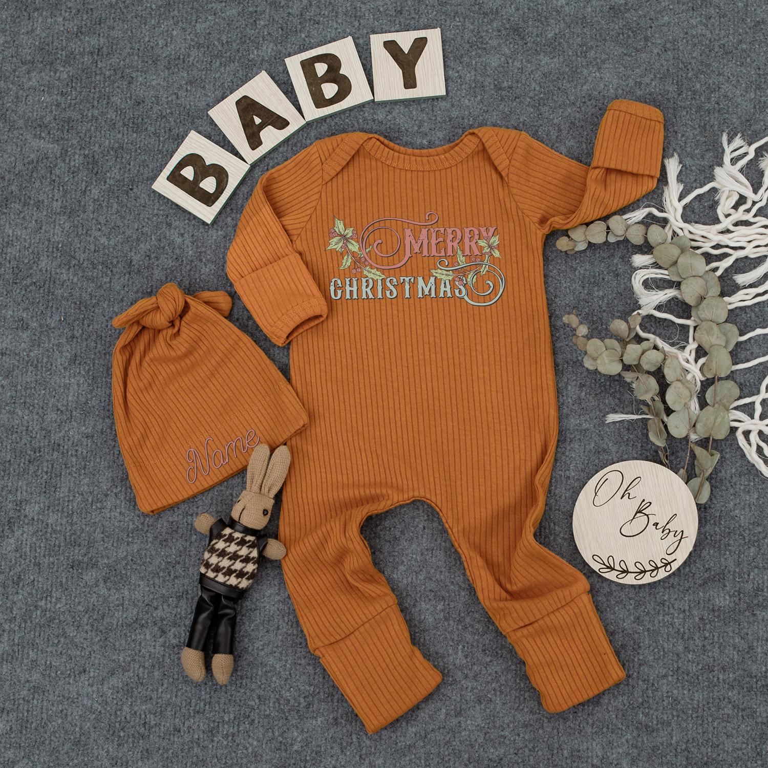 Vintage Merry Christmas Baby Bodysuit & Hat Set, Newborn Outfit, Holiday Jumpsuit, Red and Green Festive Romper, Baby Shower Gift, First Xmas Clothes 139