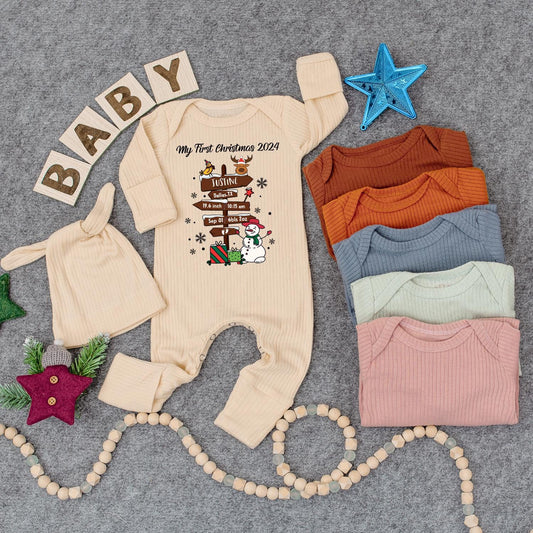 My First Christmas 2024 Bodysuit & Hat Set Personalized Newborn Outfit Custom Baby Girl Coming Home Outfit Holiday Jumpsuit Baby Shower Gift Set 19.6 inch