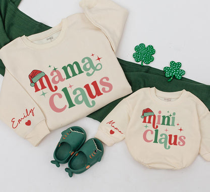 Personalized Mom Baby Matching Mama Mini Claus Christmas Sweatshirts Retro Red Green Star Holiday Apparel with Custom Sleeve Names