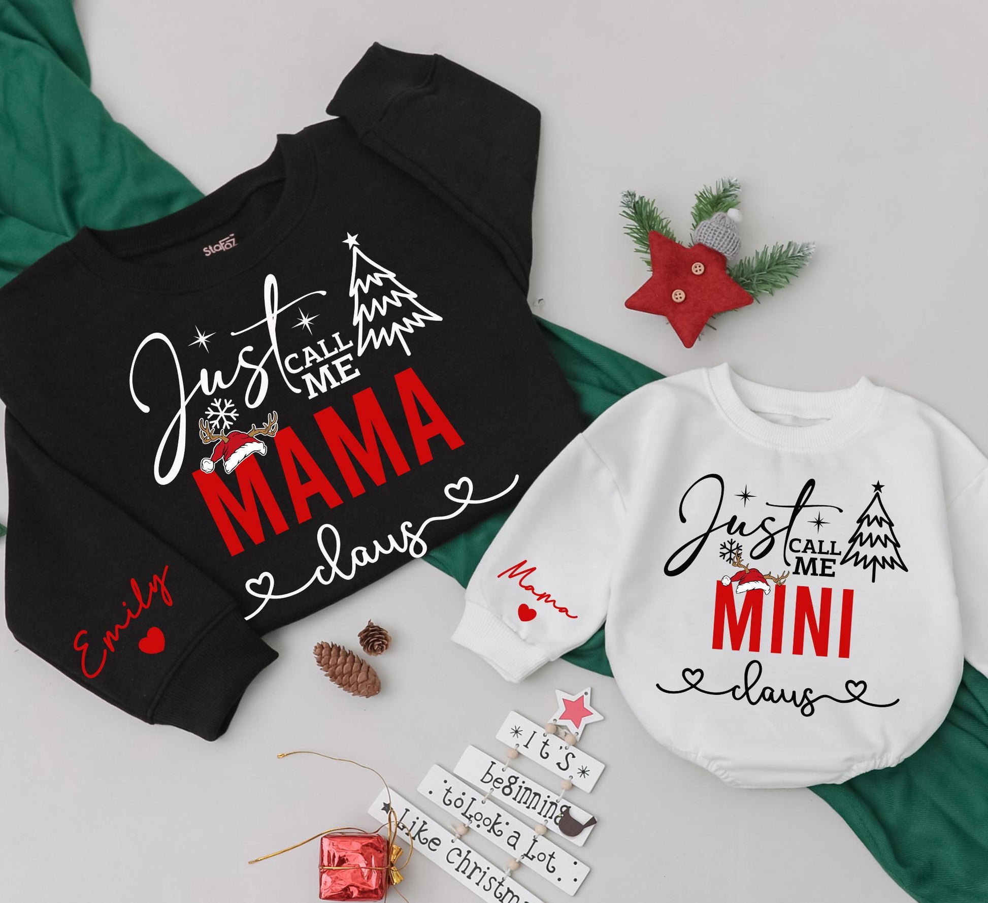 Just Call Me Mama Claus Matching Set: Mom & Baby Christmas Sweatshirt & Romper, Festive Holiday Outfit, Red & Black Design, Playful Reindeer & Snowflakes(139)