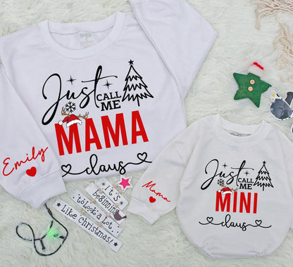 Just Call Me Mama Claus Matching Set: Mom & Baby Christmas Sweatshirt & Romper, Festive Holiday Outfit, Red & Black Design, Playful Reindeer & Snowflakes(139)