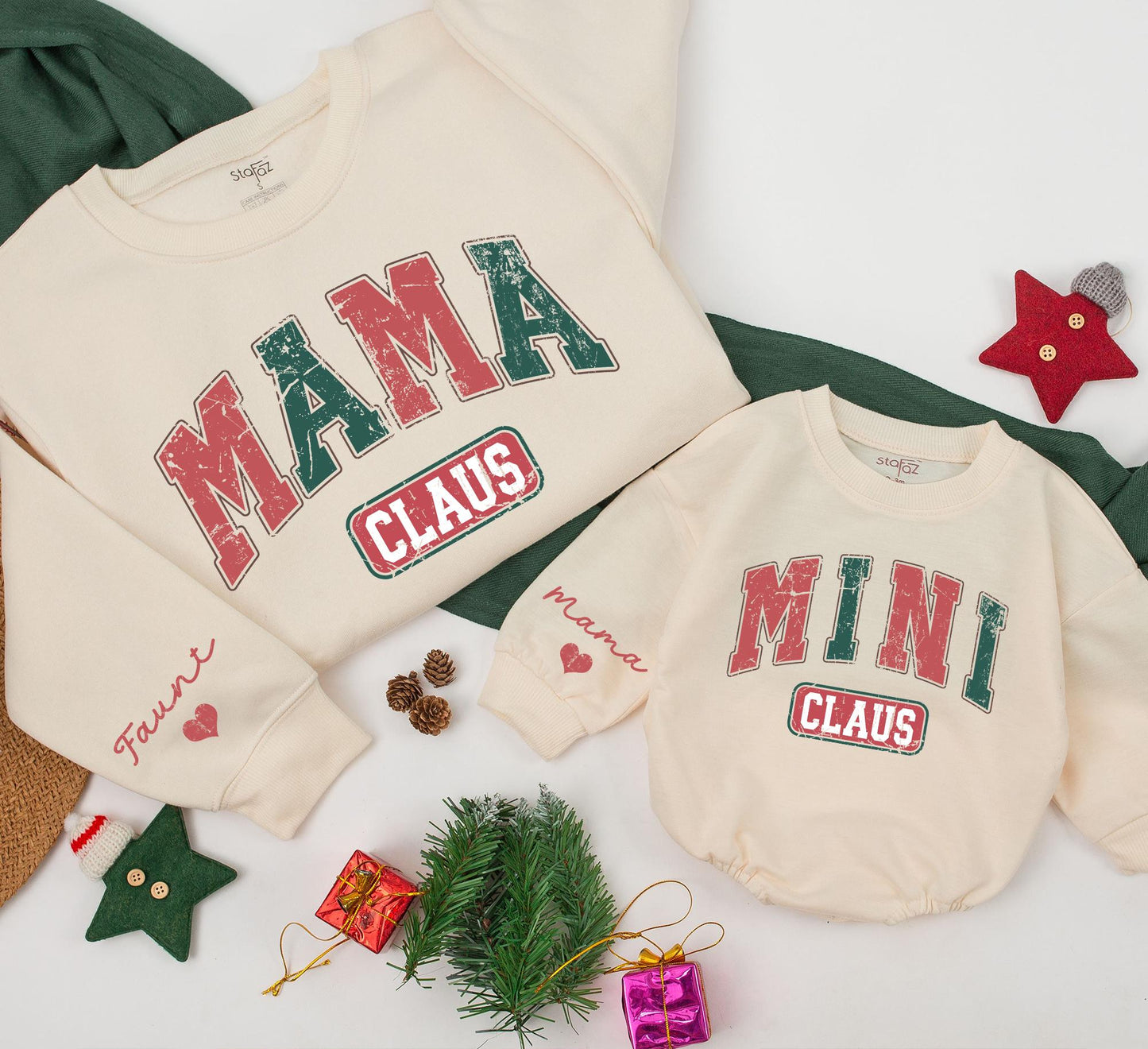 Retro Mama Claus & Mini Claus Matching Christmas Sweatshirts Family Outfits Cozy Holiday Gift